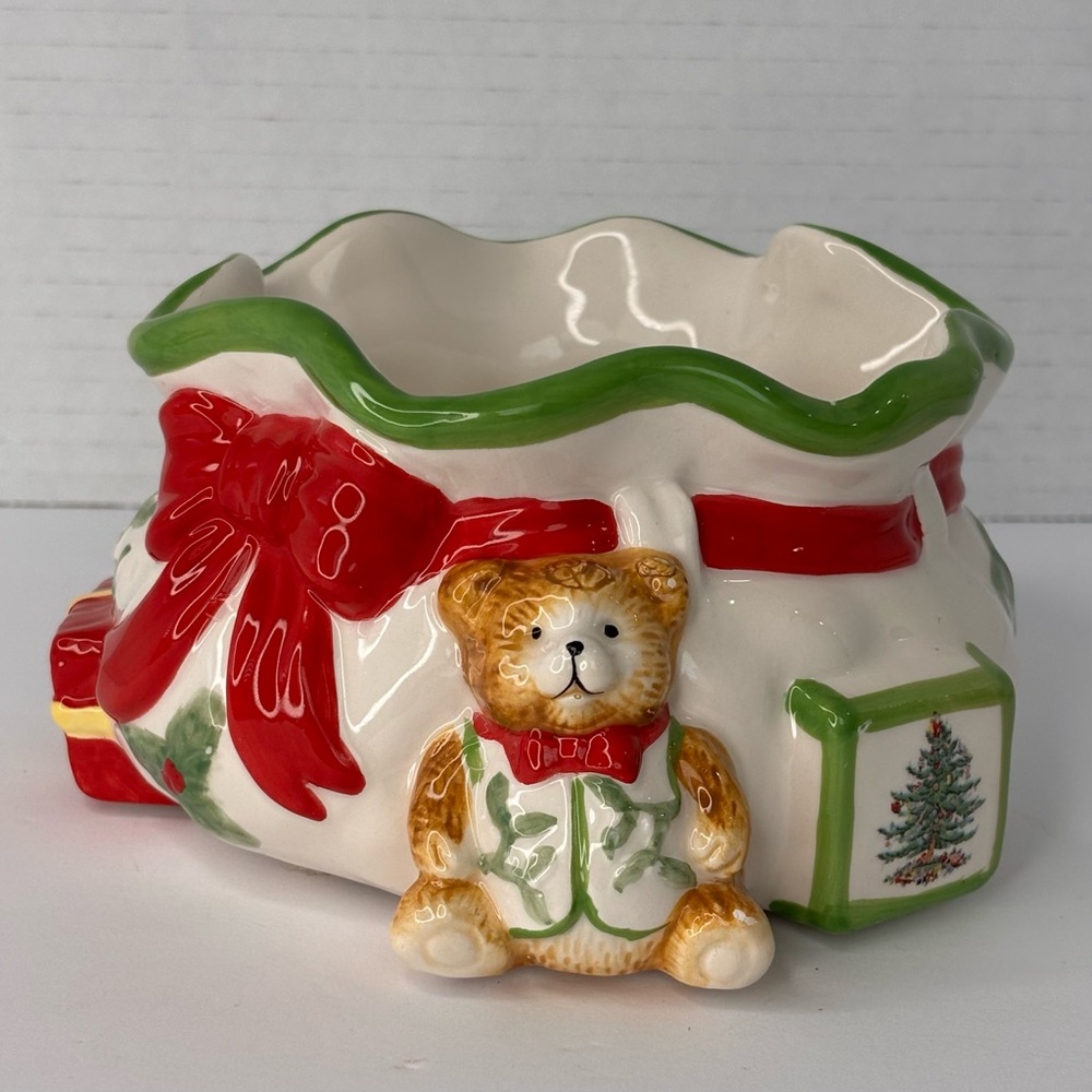 SPODE HAND PAINTED "CHRISTMAS TREE" PATTERN SANTA'S POUCH CANDY DISH